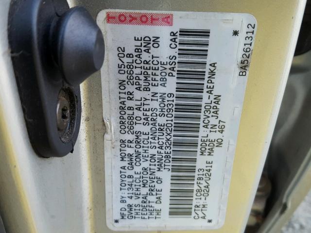 JTDBE32KX20109319 - 2002 TOYOTA CAMRY LE ვერცხლისფერი ფოტო 10