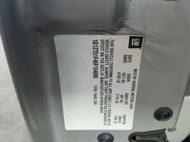 1G1ZT51F46F104889 - 2006 CHEVROLET MALIBU LT SILVER photo 10