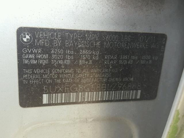 5UXFG8C58BLZ96868 - 2011 BMW X6 XDRIVE5 Gümüş fotoğraf 10