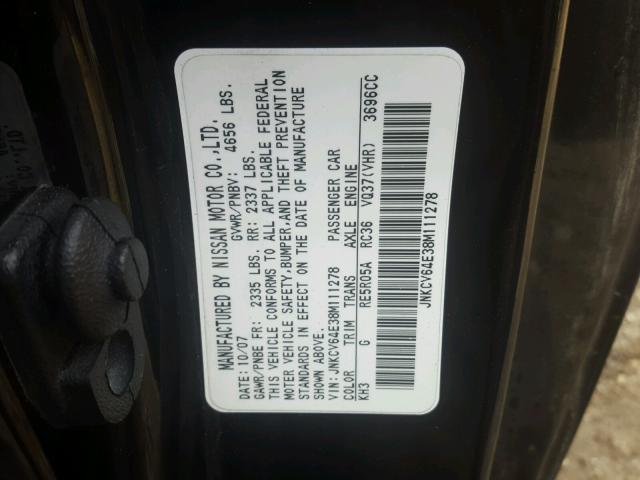 JNKCV64E38M111278 - 2008 INFINITI G37 BASE BLACK photo 10