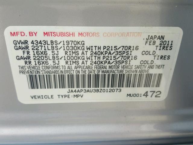 JA4AP3AU3BZ012073 - 2011 MITSUBISHI OUTLANDER SILVER photo 10