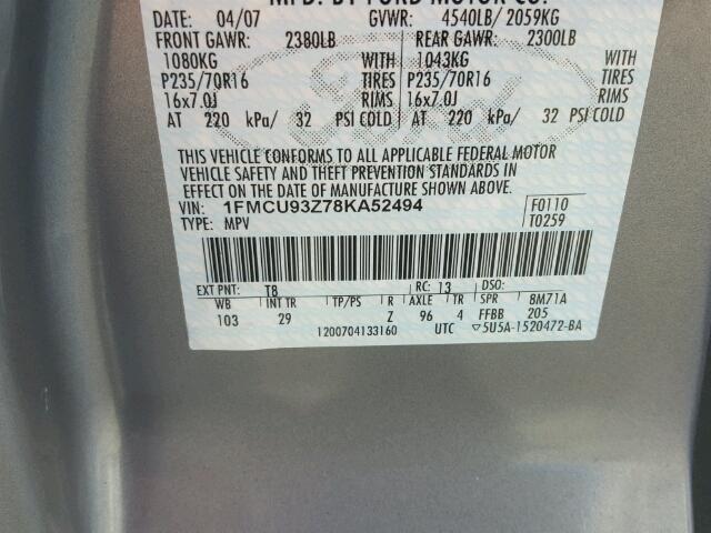 1FMCU93Z78KA52494 - 2008 FORD ESCAPE XLT GRAY photo 10