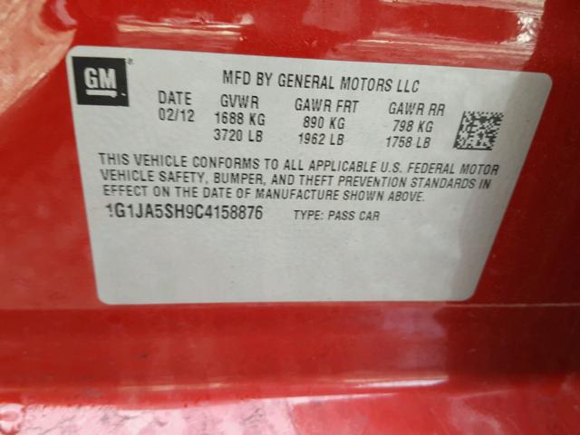 1G1JA5SH9C4158876 - 2012 CHEVROLET SONIC LS RED photo 10