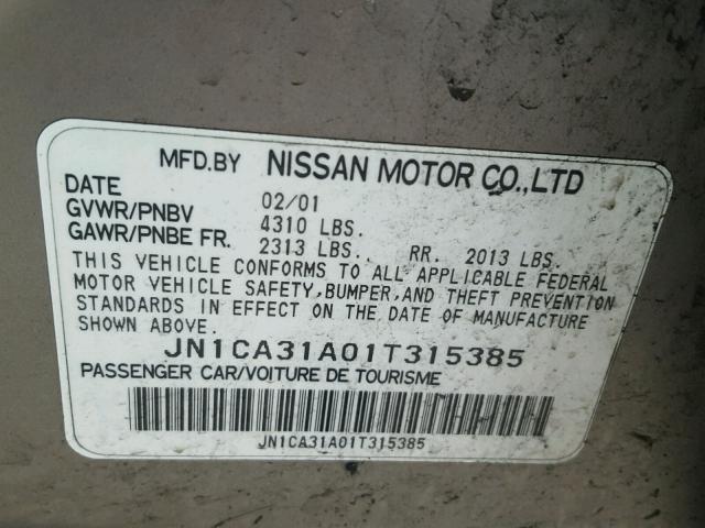 JN1CA31A01T315385 - 2001 NISSAN MAXIMA GXE SILVER photo 10