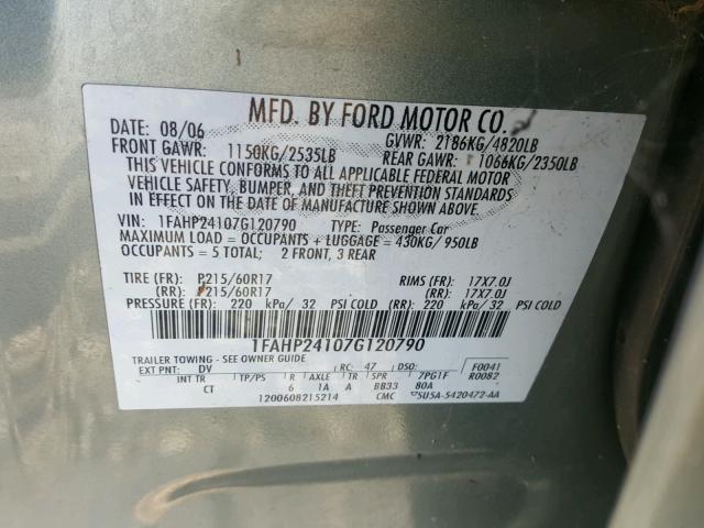 1FAHP24107G120790 - 2007 FORD FIVE HUNDR GREEN photo 10