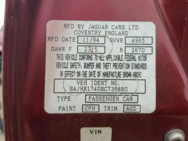 SAJHX1740SC730880 - 1995 JAGUAR XJ6 RED photo 10