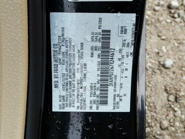 3FAHP07Z67R244612 - 2007 FORD FUSION SE BLACK photo 10