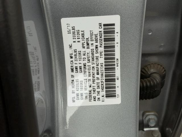 1HGCR2F31HA237345 - 2017 HONDA ACCORD LX SILVER photo 10