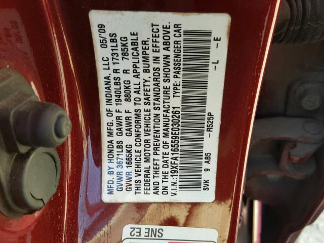 19XFA16559E030261 - 2009 HONDA CIVIC LX RED photo 10