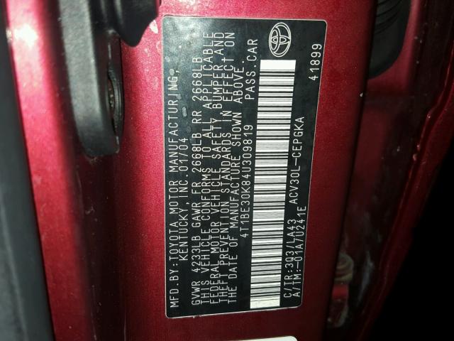 4T1BE30K84U309819 - 2004 TOYOTA CAMRY LE RED photo 10