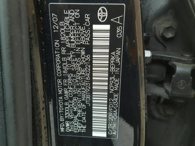 JTDBT923184022136 - 2008 TOYOTA YARIS BLACK photo 10