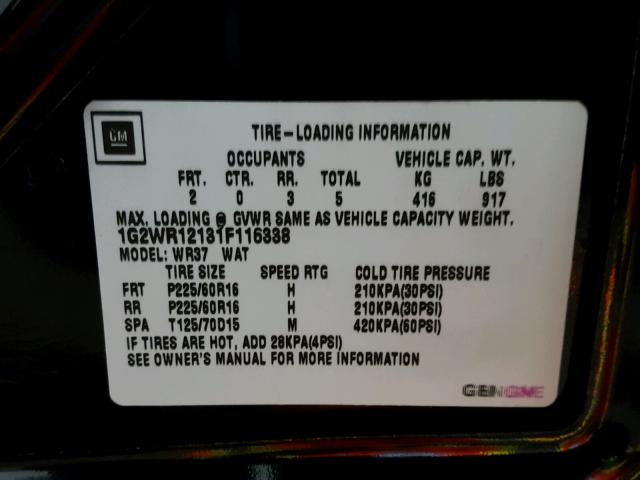 1G2WR12131F116338 - 2001 PONTIAC GRAND PRIX BLACK photo 10