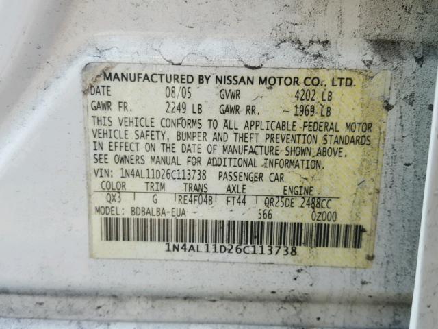 1N4AL11D26C113738 - 2006 NISSAN ALTIMA S WHITE photo 10