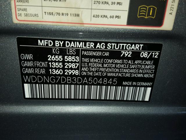 WDDNG7DB3DA504845 - 2013 MERCEDES-BENZ S 550 GRAY photo 10