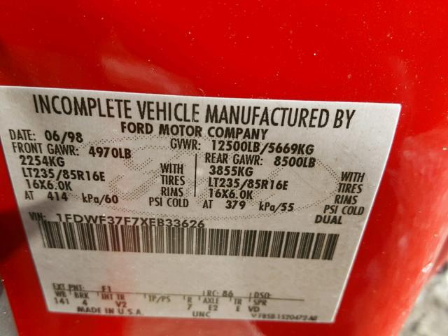 1FDWF37F7XEB33626 - 1999 FORD F350 SUPER RED photo 10