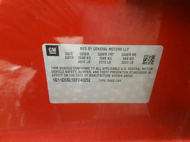 1G11C5SL1EF240252 - 2014 CHEVROLET MALIBU 1LT წითელი ფოტო 10