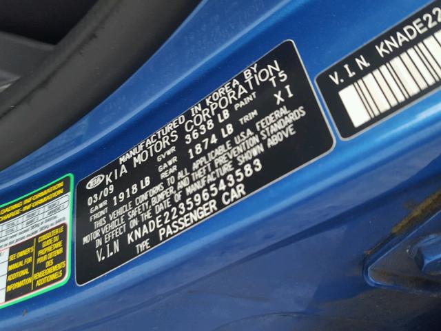 KNADE223596543583 - 2009 KIA RIO BASE BLUE photo 10