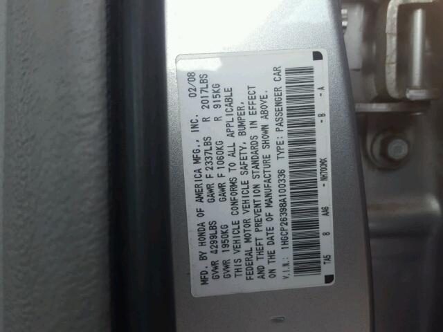 1HGCP26398A100336 - 2008 HONDA ACCORD LX SILVER photo 10