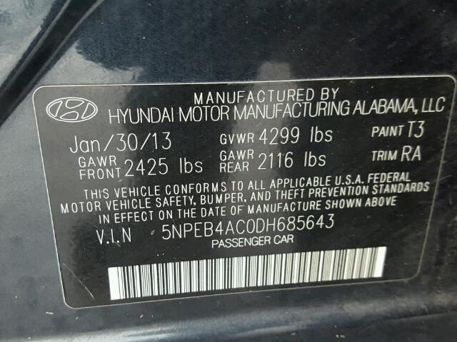 5NPEB4AC0DH685643 - 2013 HYUNDAI SONATA GLS BLUE photo 10