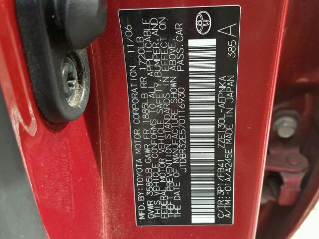 JTDBR32E570116930 - 2007 TOYOTA COROLLA CE RED photo 10