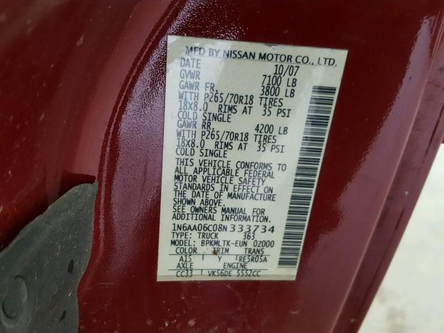 1N6AA06C08N333734 - 2008 NISSAN TITAN XE BURGUNDY photo 10