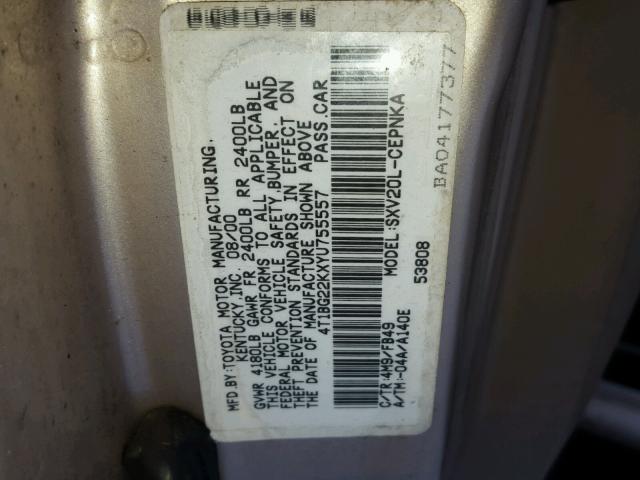 4T1BG22KXYU755557 - 2000 TOYOTA CAMRY CE TAN photo 10