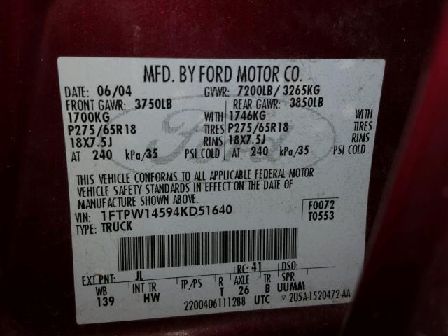 1FTPW14594KD51640 - 2004 FORD F150 SUPER RED photo 10