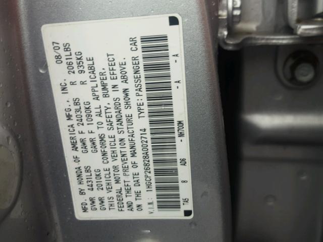 1HGCP26828A002714 - 2008 HONDA ACCORD EXL SILVER photo 10