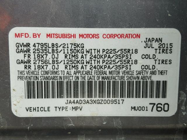 JA4AD3A3XGZ009517 - 2016 MITSUBISHI OUTLANDER CHARCOAL photo 10