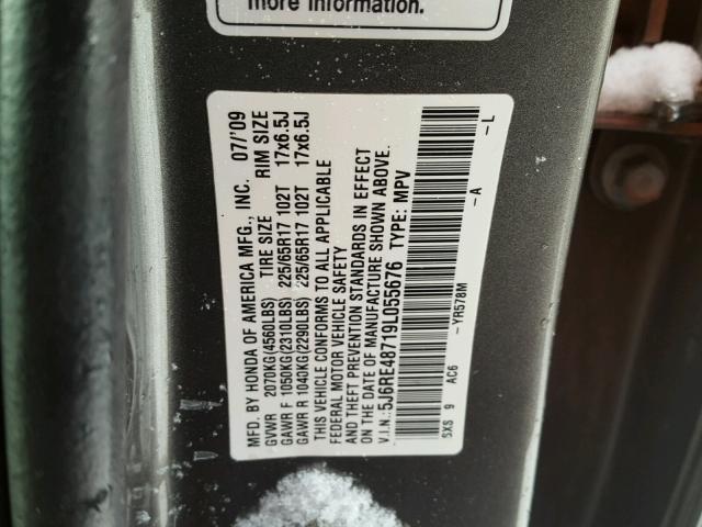 5J6RE48719L055676 - 2009 HONDA CR-V EXL GRAY photo 10