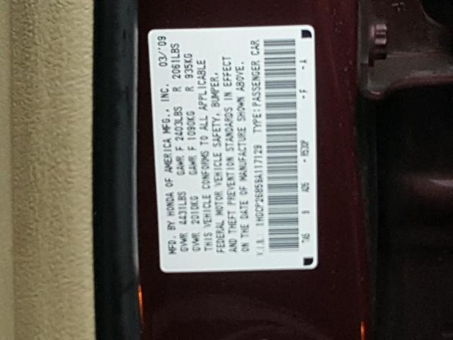 1HGCP26859A117129 - 2009 HONDA ACCORD EXL MAROON photo 10