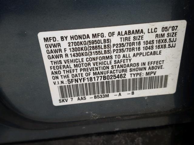 5FNYF18177B025462 - 2007 HONDA PILOT LX BLUE photo 10