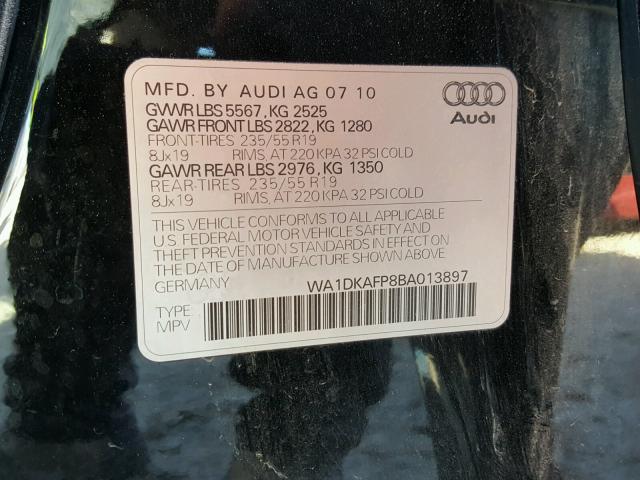 WA1DKAFP8BA013897 - 2011 AUDI Q5 PREMIUM BLACK photo 10