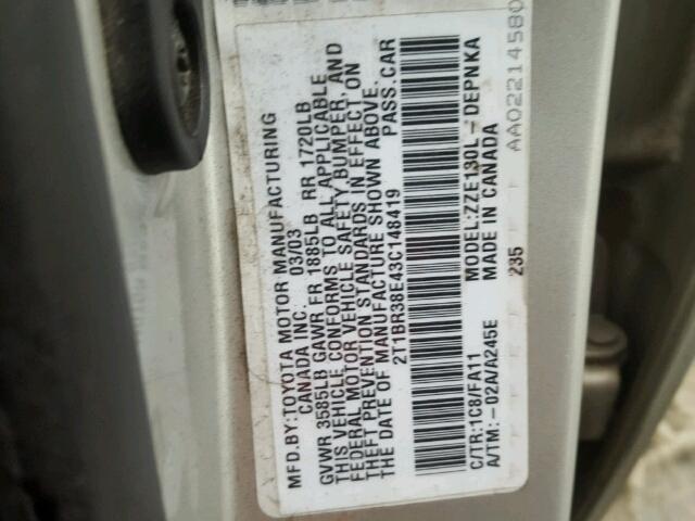 2T1BR38E43C148419 - 2003 TOYOTA COROLLA CE SILVER photo 10