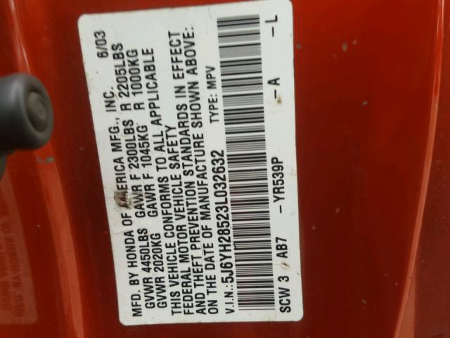 5J6YH28523L032632 - 2003 HONDA ELEMENT EX ORANGE photo 10