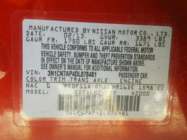 3N1CN7AP4DL878481 - 2013 NISSAN VERSA S RED photo 10