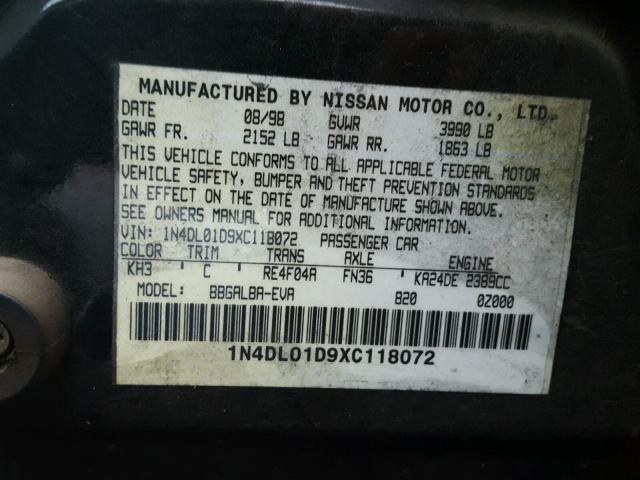 1N4DL01D9XC118072 - 1999 NISSAN ALTIMA XE BLACK photo 10