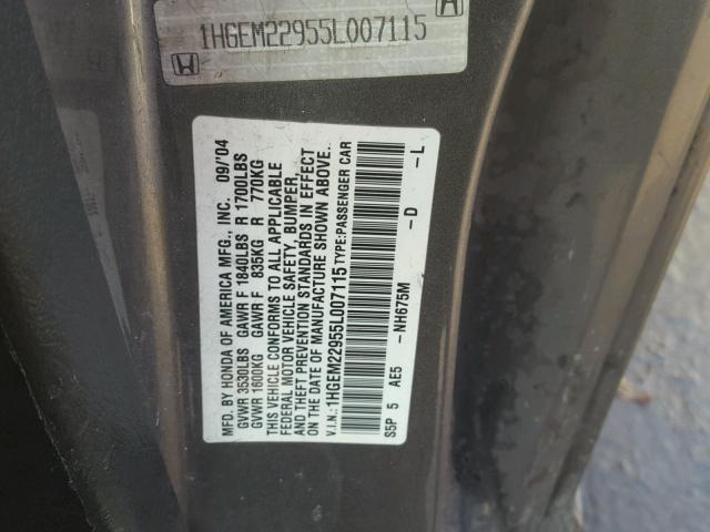 1HGEM22955L007115 - 2005 HONDA CIVIC EX CHARCOAL photo 10