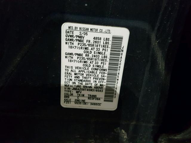 JN8AZ08T45W316583 - 2005 NISSAN MURANO SL BLUE photo 10