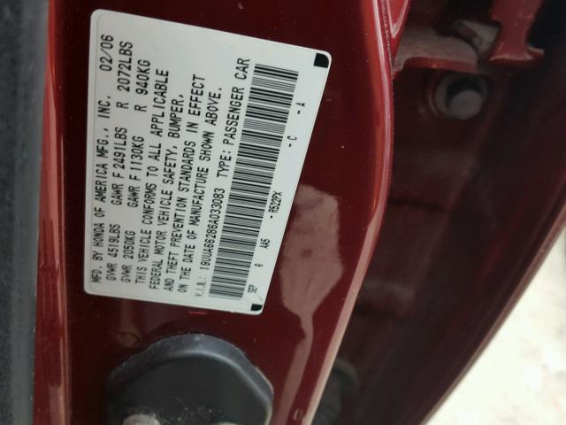 19UUA66286A033083 - 2006 ACURA 3.2TL RED photo 10