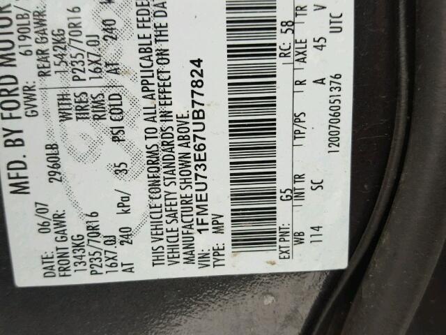 1FMEU73E67UB77824 - 2007 FORD EXPLORER X GRAY photo 10