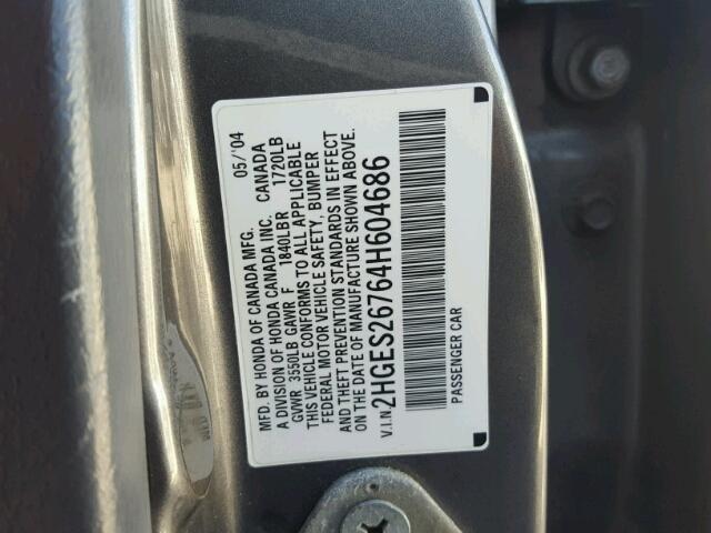 2HGES26764H604686 - 2004 HONDA CIVIC EX ნაცრისფერი ფოტო 10