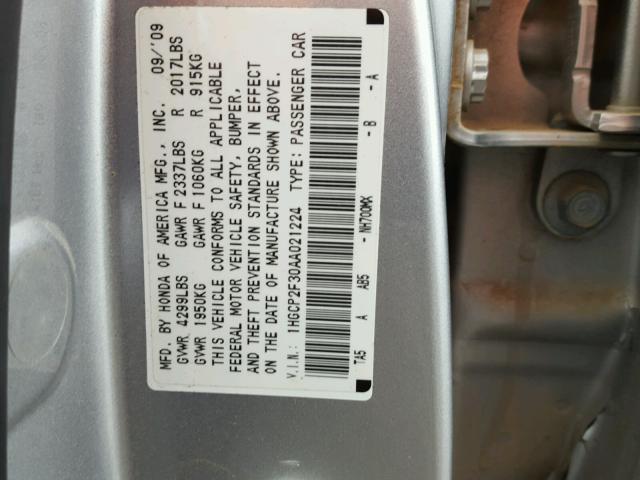 1HGCP2F30AA021224 - 2010 HONDA ACCORD LX SILVER photo 10