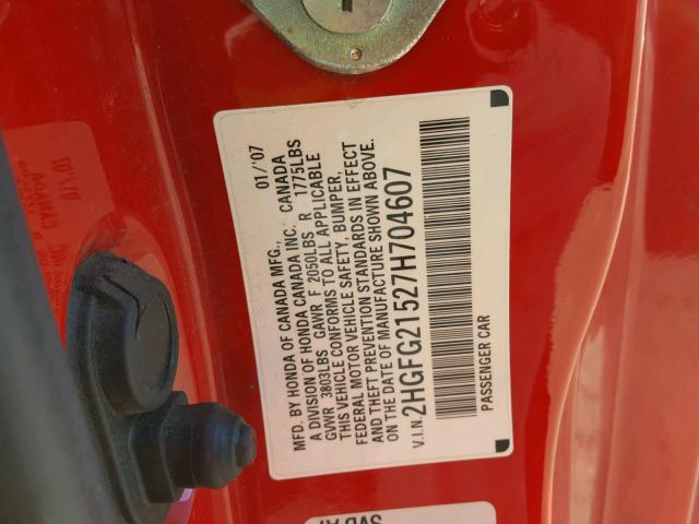 2HGFG21527H704607 - 2007 HONDA CIVIC SI RED photo 10