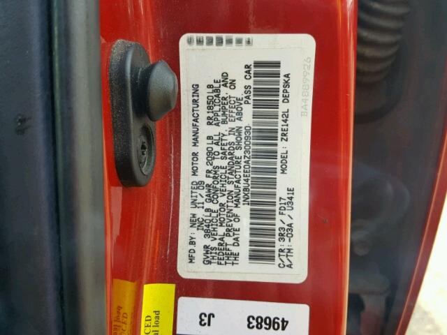 1NXBU4EE0AZ300930 - 2010 TOYOTA COROLLA BA RED photo 10