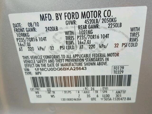 1FMCU0DG6BKA25643 - 2011 FORD ESCAPE XLT SILVER photo 10