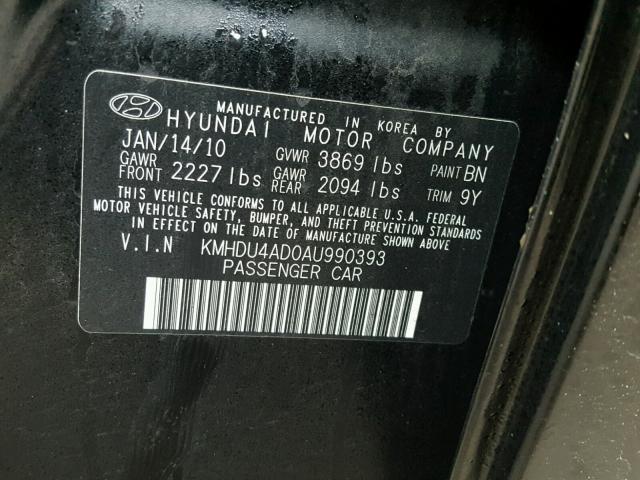 KMHDU4AD0AU990393 - 2010 HYUNDAI ELANTRA BL GRAY photo 10