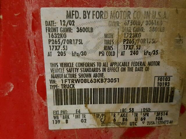 1FTRW08L63KB73051 - 2003 FORD F150 SUPER RED photo 10