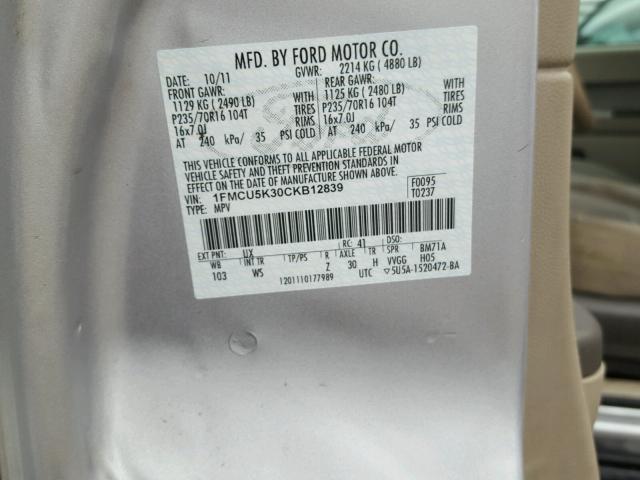 1FMCU5K30CKB12839 - 2012 FORD ESCAPE HYB SILVER photo 10