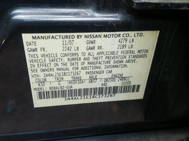 1N4AL21E18C173267 - 2008 NISSAN ALTIMA 2.5 CHARCOAL photo 10